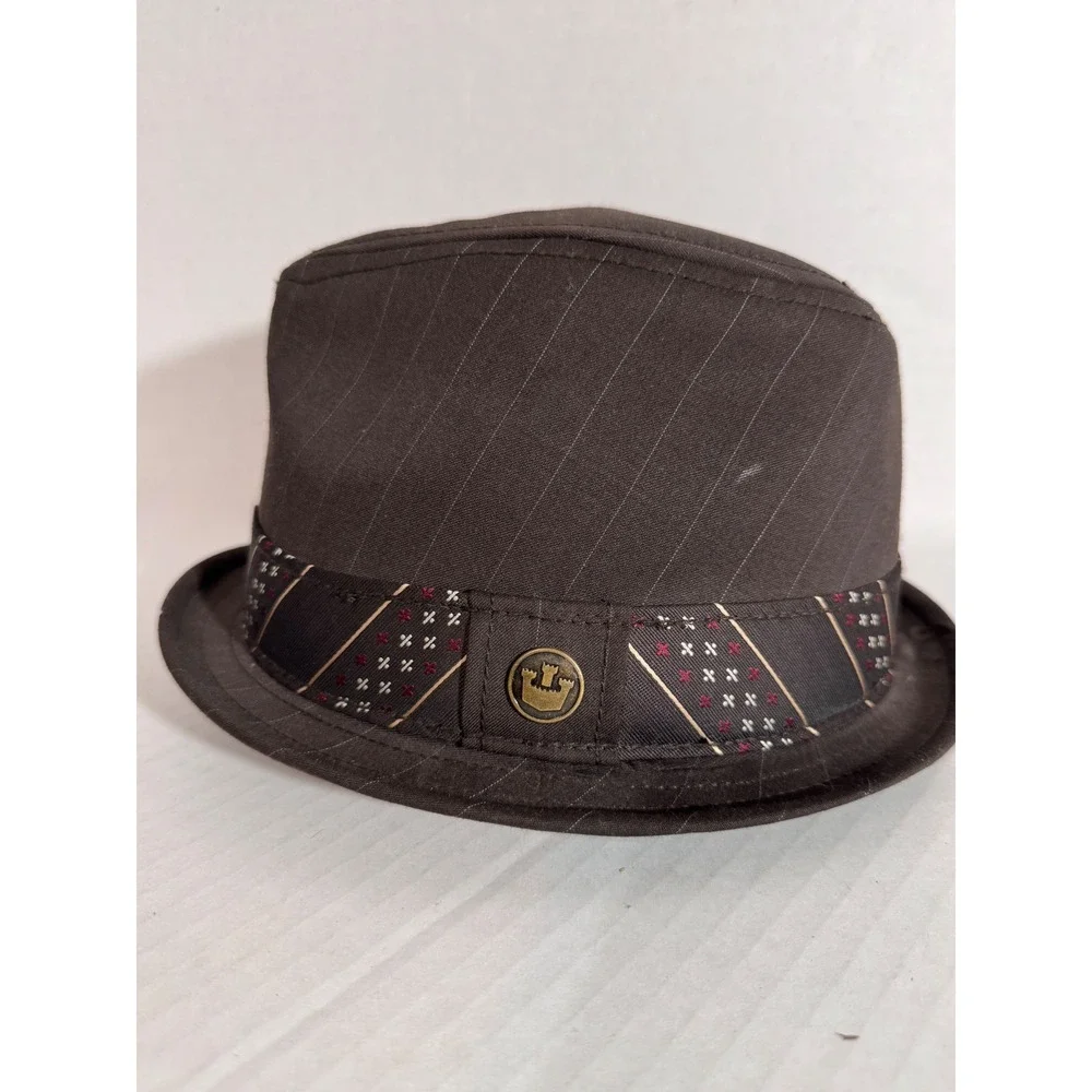 Goorin Bros Brown Pinstripe Wool Blend Fedora Hat Small Brass Logo Pin Band